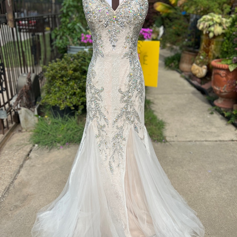 Mac Duggal Ivory and Silver Embellished Wedding or Prom Dress